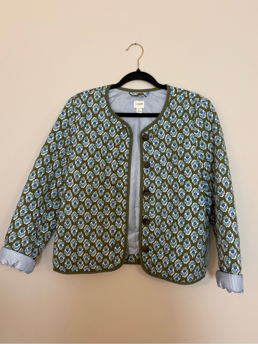 J. Crew Olive Floral Quilted Blazer with Blue Accents